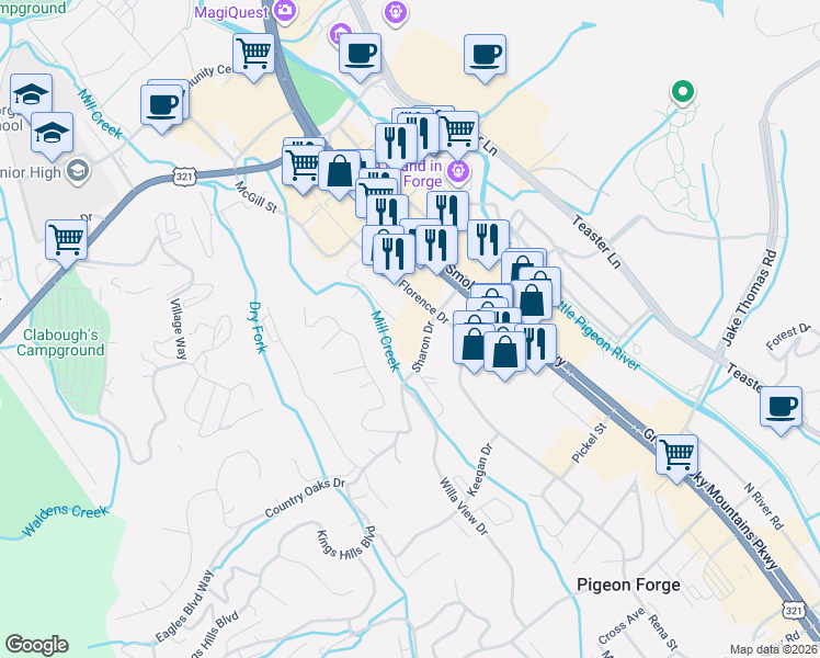 map of restaurants, bars, coffee shops, grocery stores, and more near 2743 Colonial Drive in Pigeon Forge