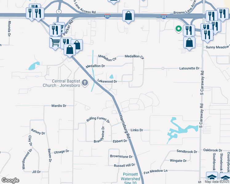 map of restaurants, bars, coffee shops, grocery stores, and more near 1317 Lakewood Drive in Jonesboro