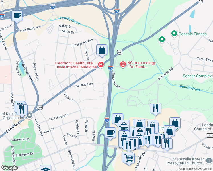 map of restaurants, bars, coffee shops, grocery stores, and more near 921 Ranchero Street in Statesville