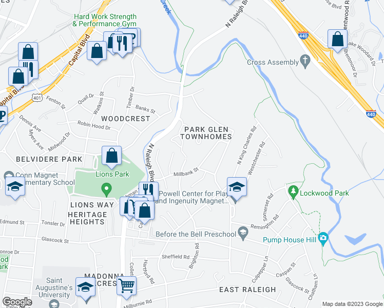 map of restaurants, bars, coffee shops, grocery stores, and more near 879 Dalewood Drive in Raleigh