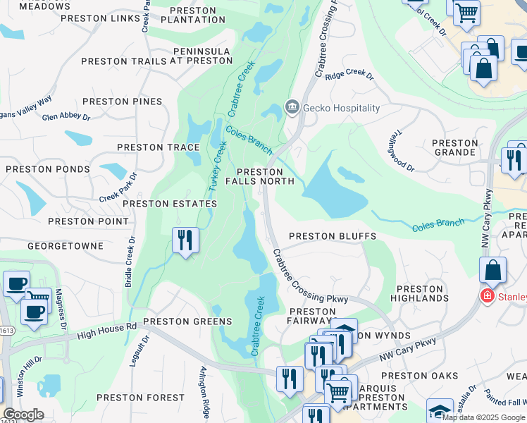 map of restaurants, bars, coffee shops, grocery stores, and more near 759 Crabtree Crossing Parkway in Cary