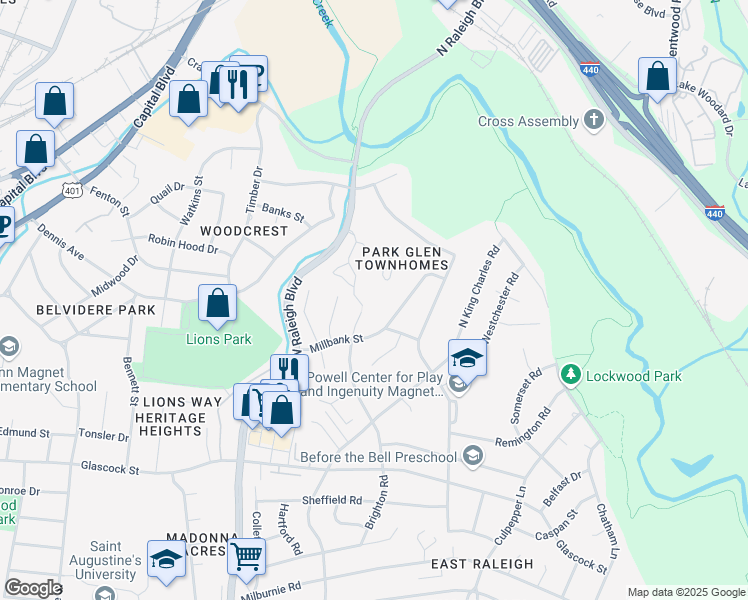 map of restaurants, bars, coffee shops, grocery stores, and more near 1300 Park Glen Drive in Raleigh