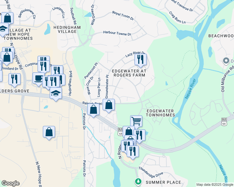 map of restaurants, bars, coffee shops, grocery stores, and more near 5009 Reservoir Road in Raleigh