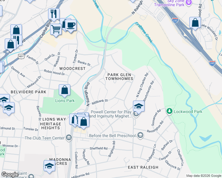 map of restaurants, bars, coffee shops, grocery stores, and more near 879 Dalewood Drive in Raleigh