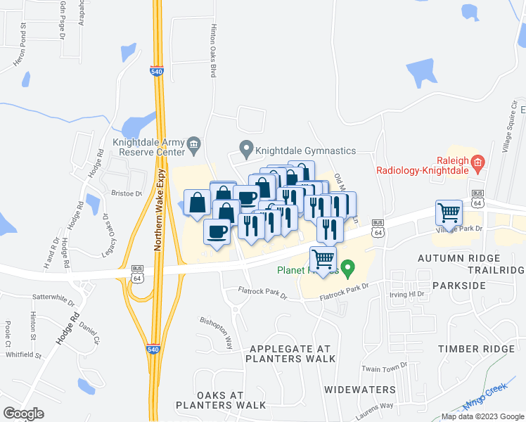 map of restaurants, bars, coffee shops, grocery stores, and more near 1002 Shoppes At Midway Drive in Knightdale