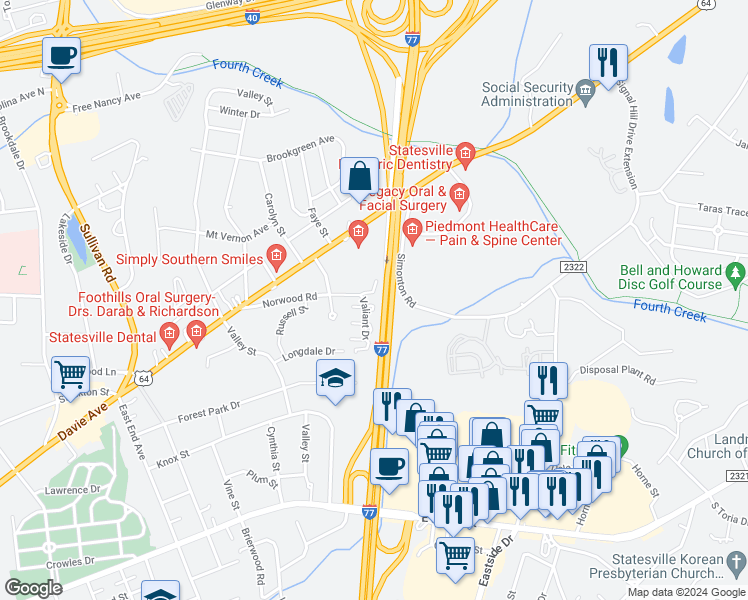 map of restaurants, bars, coffee shops, grocery stores, and more near 917 Ranchero Street in Statesville