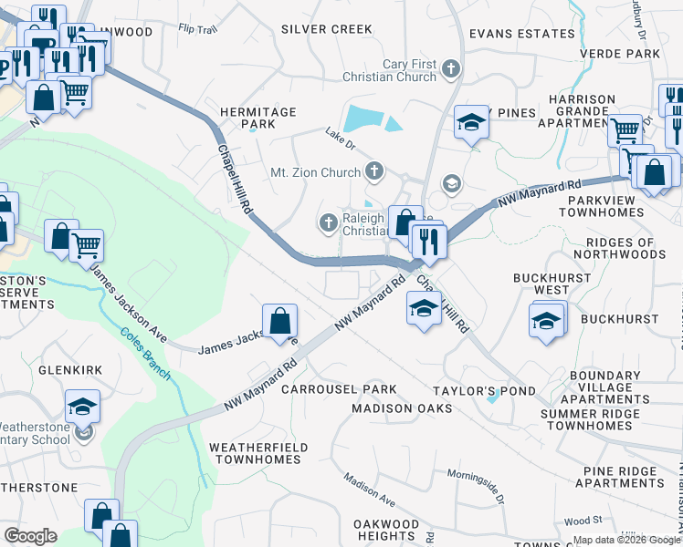 map of restaurants, bars, coffee shops, grocery stores, and more near 26 Chapel Hill Road in Cary