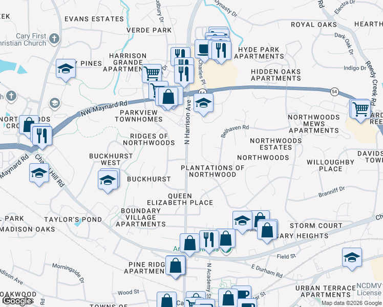 map of restaurants, bars, coffee shops, grocery stores, and more near 904 North Harrison Avenue in Cary