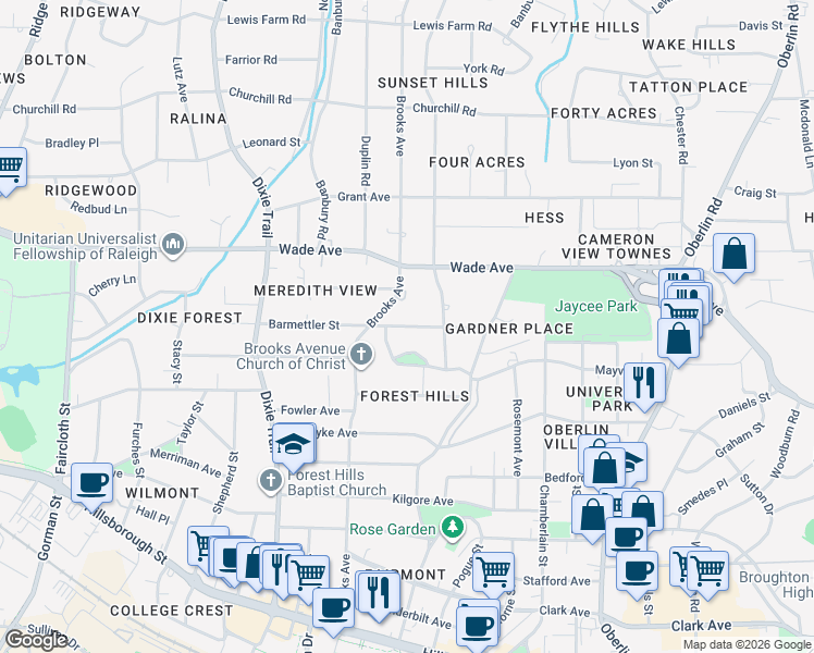 map of restaurants, bars, coffee shops, grocery stores, and more near 2708 Barmettler Street in Raleigh
