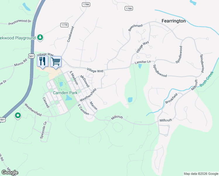 map of restaurants, bars, coffee shops, grocery stores, and more near 596F Weathersfield in Fearrington