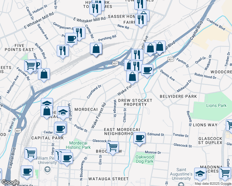 map of restaurants, bars, coffee shops, grocery stores, and more near 1421 Wake Forest Road in Raleigh