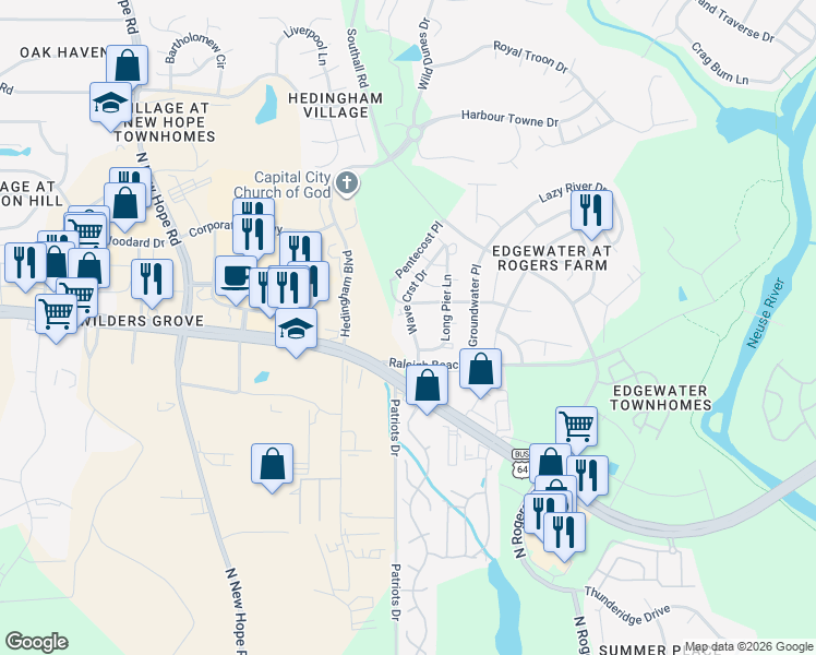 map of restaurants, bars, coffee shops, grocery stores, and more near Babbling Brook Drive in Raleigh