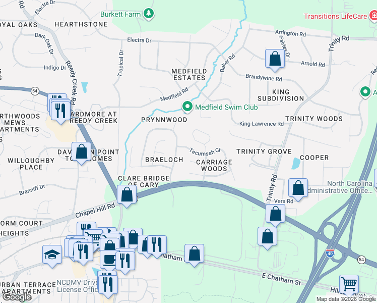 map of restaurants, bars, coffee shops, grocery stores, and more near 107 Tecumseh Court in Raleigh