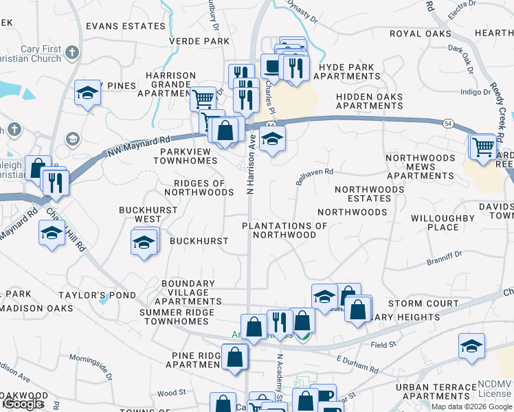 map of restaurants, bars, coffee shops, grocery stores, and more near 904 North Harrison Avenue in Cary