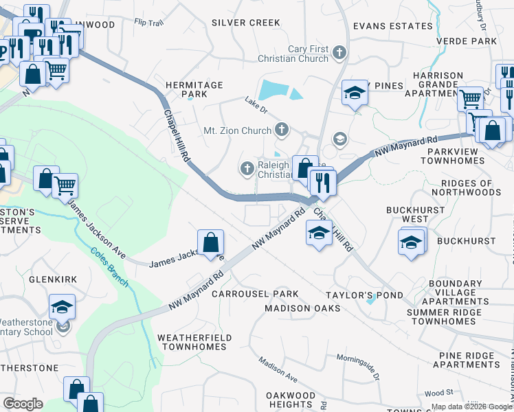 map of restaurants, bars, coffee shops, grocery stores, and more near 9205 Chapel Hill Road in Cary