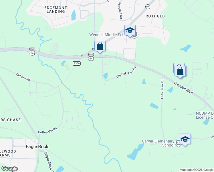 map of restaurants, bars, coffee shops, grocery stores, and more near 1100 Old Oak Tree Road in Wendell