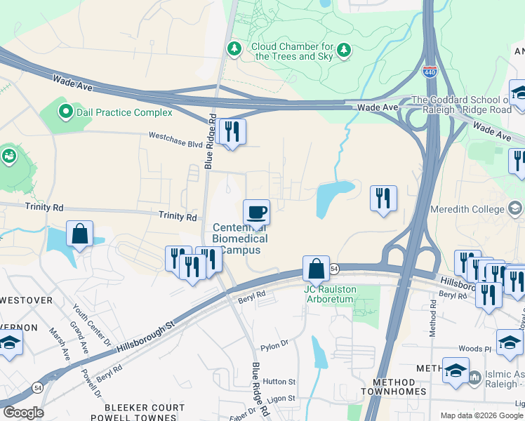 map of restaurants, bars, coffee shops, grocery stores, and more near 1052 William Moore Drive in Raleigh