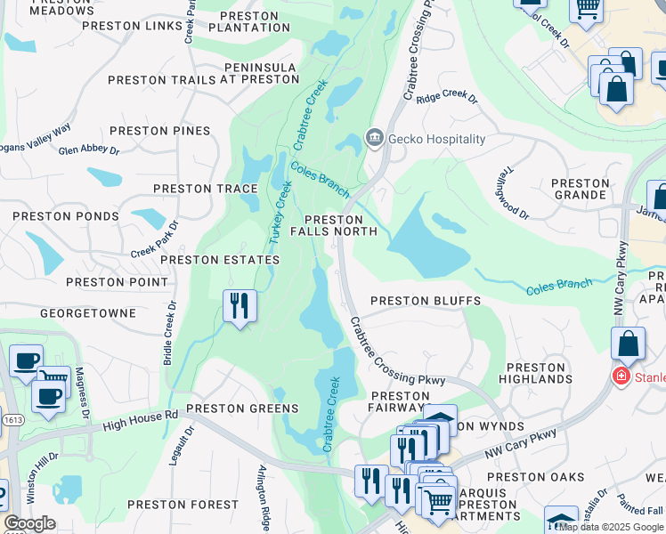 map of restaurants, bars, coffee shops, grocery stores, and more near 759 Crabtree Crossing Parkway in Cary