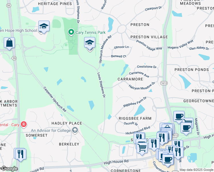 map of restaurants, bars, coffee shops, grocery stores, and more near 2314 Carramore Avenue in Cary