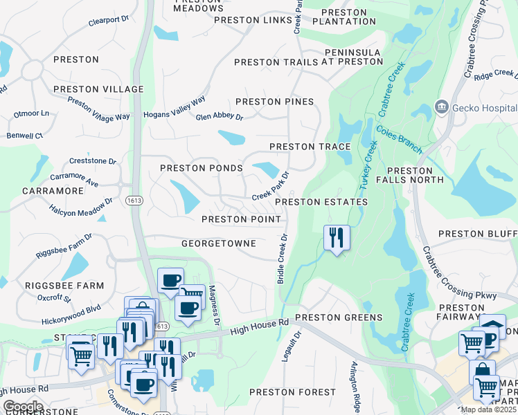 map of restaurants, bars, coffee shops, grocery stores, and more near 106 Cromwell Court in Cary