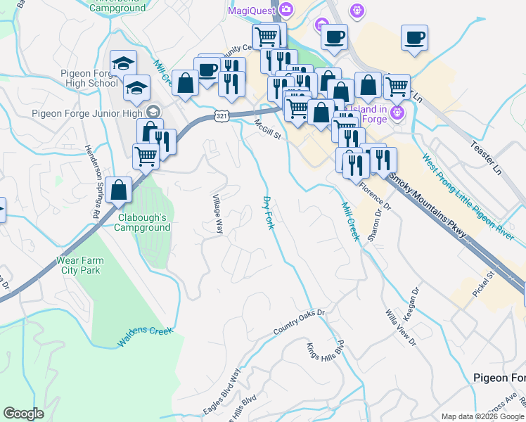 map of restaurants, bars, coffee shops, grocery stores, and more near 583 Loraine Street in Pigeon Forge