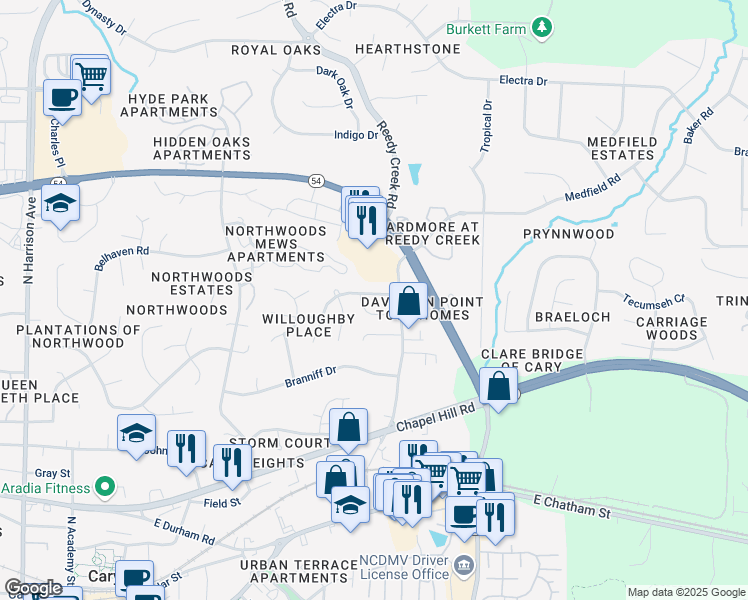 map of restaurants, bars, coffee shops, grocery stores, and more near 107 Willoughby Lane in Cary