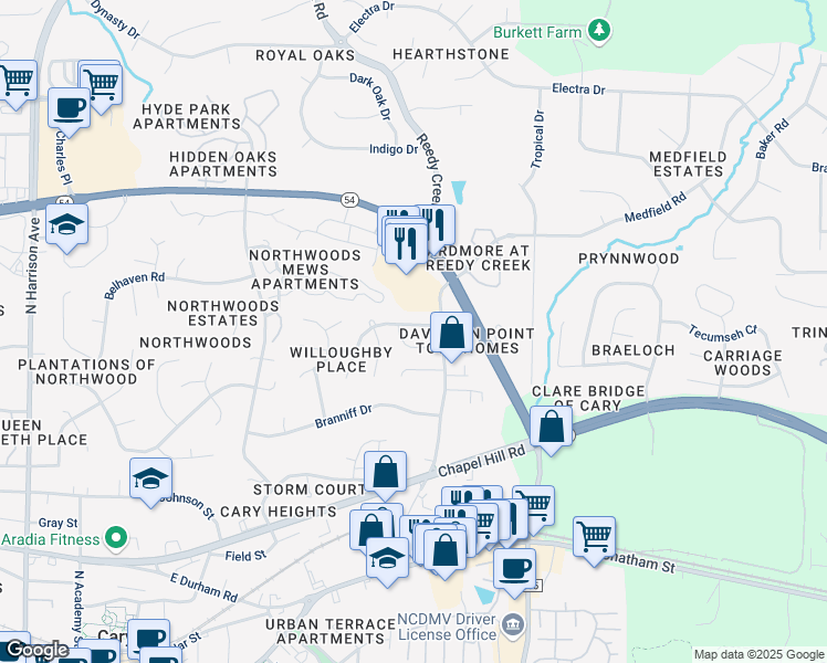 map of restaurants, bars, coffee shops, grocery stores, and more near 107 Willoughby Lane in Cary