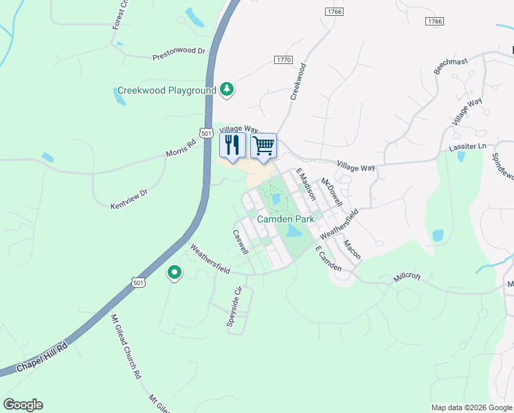 map of restaurants, bars, coffee shops, grocery stores, and more near 3 Caswell in Pittsboro