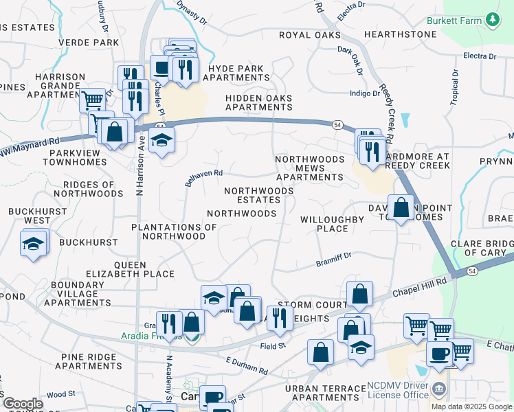map of restaurants, bars, coffee shops, grocery stores, and more near 104 Bradshire Court in Cary