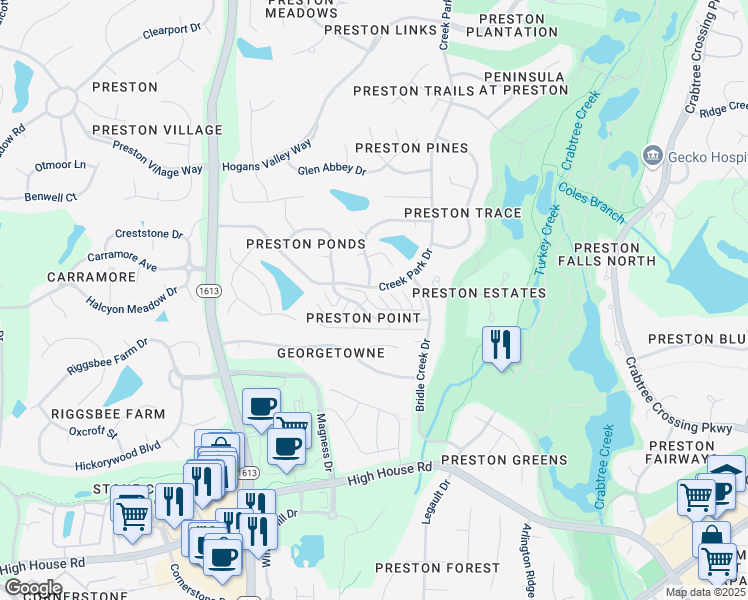 map of restaurants, bars, coffee shops, grocery stores, and more near 107 Cromwell Court in Cary