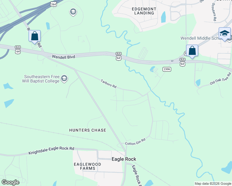 map of restaurants, bars, coffee shops, grocery stores, and more near 729 Eagle Rock Road in Wendell