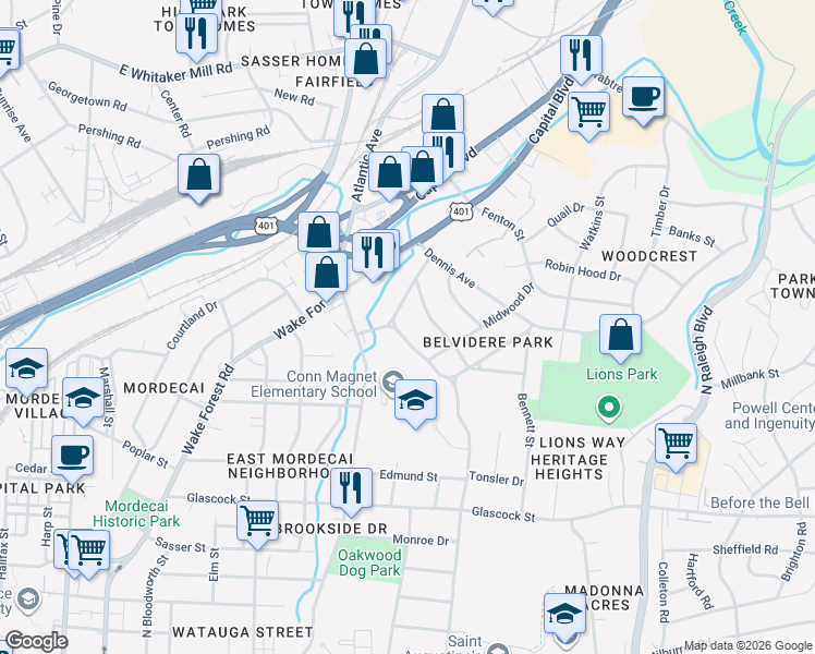 map of restaurants, bars, coffee shops, grocery stores, and more near 121 Plainview Avenue in Raleigh