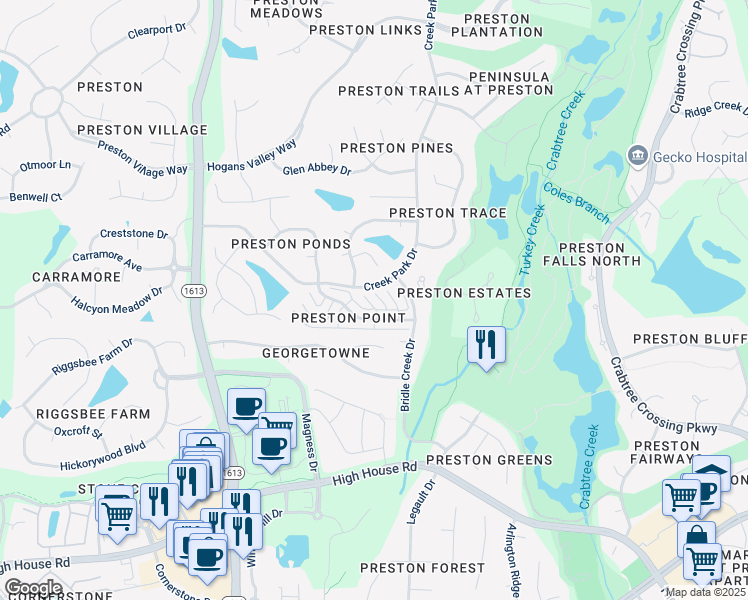 map of restaurants, bars, coffee shops, grocery stores, and more near 106 Cromwell Court in Cary
