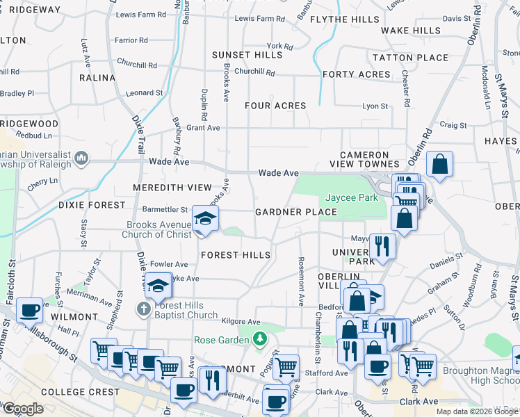 map of restaurants, bars, coffee shops, grocery stores, and more near 1004 Canterbury Road in Raleigh