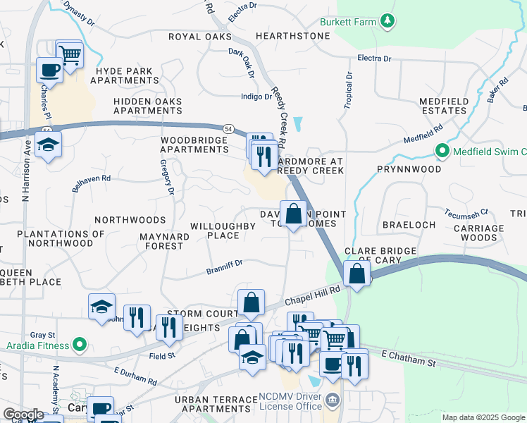 map of restaurants, bars, coffee shops, grocery stores, and more near 101 Cricket Hill Lane in Cary