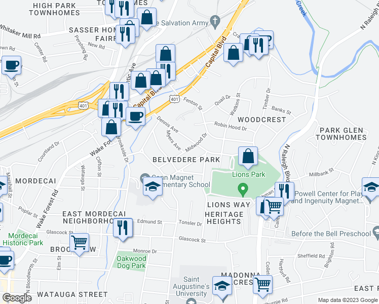 map of restaurants, bars, coffee shops, grocery stores, and more near 1812 Midwood Drive in Raleigh