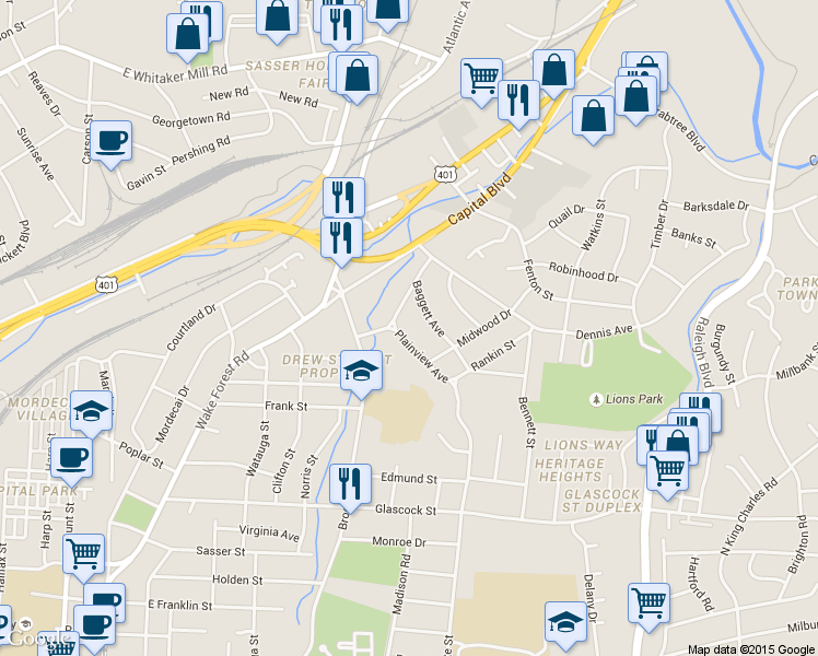 map of restaurants, bars, coffee shops, grocery stores, and more near 121 Plainview Avenue in Raleigh