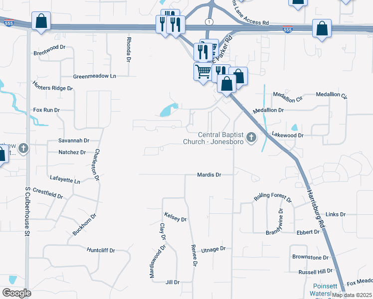map of restaurants, bars, coffee shops, grocery stores, and more near 605 Shadow Ridge Drive in Jonesboro