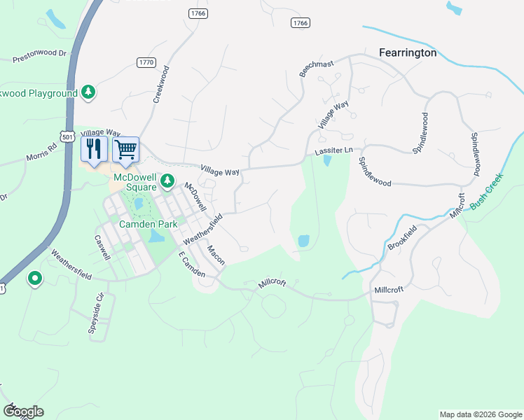 map of restaurants, bars, coffee shops, grocery stores, and more near 596F Weathersfield in Fearrington