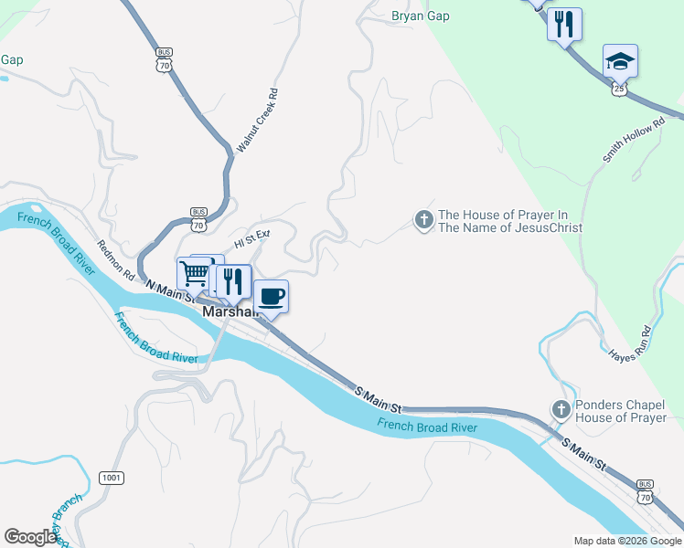 map of restaurants, bars, coffee shops, grocery stores, and more near 598 Hill Street in Marshall