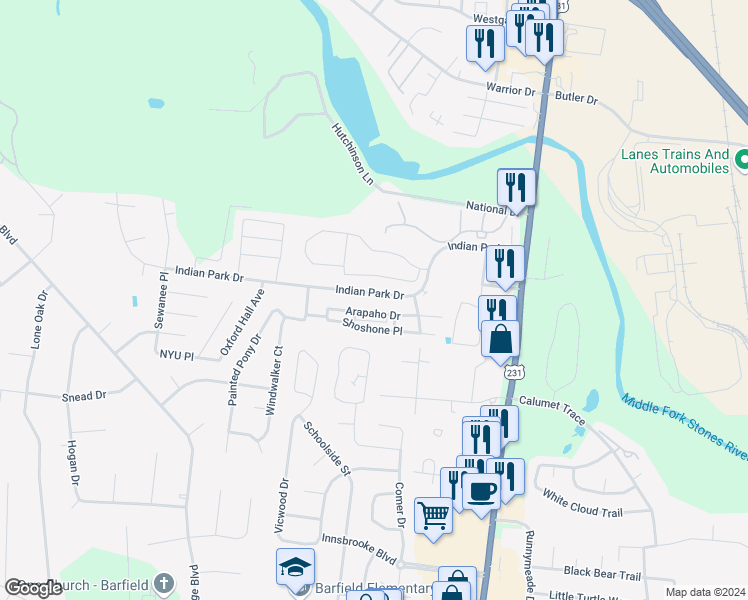 map of restaurants, bars, coffee shops, grocery stores, and more near 261 Indian Park Drive in Murfreesboro