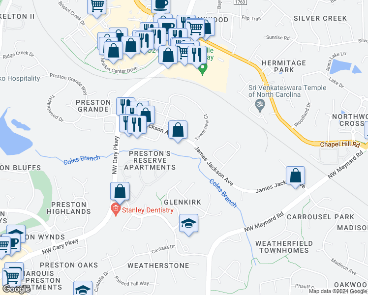 map of restaurants, bars, coffee shops, grocery stores, and more near 501 James Jackson Avenue in Cary