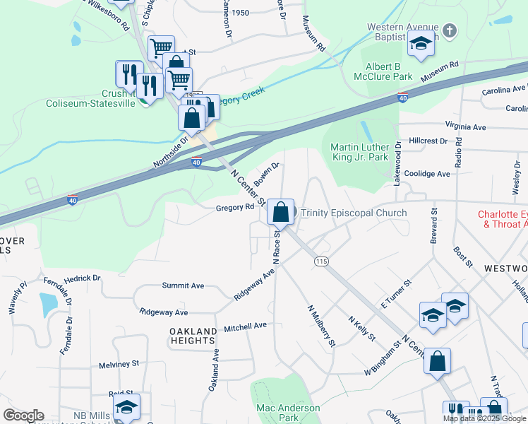 map of restaurants, bars, coffee shops, grocery stores, and more near 1060 The Glen Street in Statesville