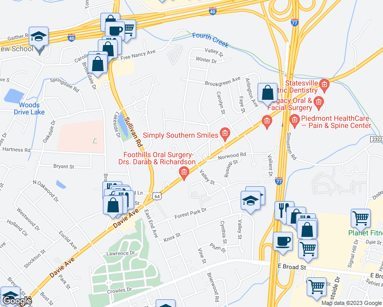 map of restaurants, bars, coffee shops, grocery stores, and more near 1399 Arlington Avenue in Statesville