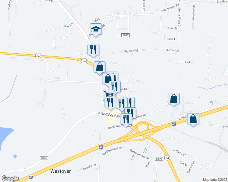 map of restaurants, bars, coffee shops, grocery stores, and more near 3406 Taylorsville Highway in Statesville