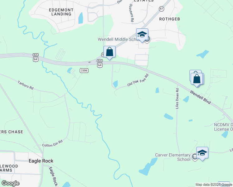 map of restaurants, bars, coffee shops, grocery stores, and more near 1100 Old Oak Tree Road in Wendell