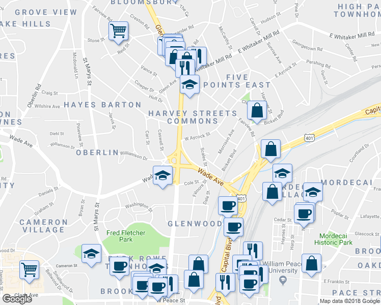 map of restaurants, bars, coffee shops, grocery stores, and more near 728 Nash Drive in Raleigh