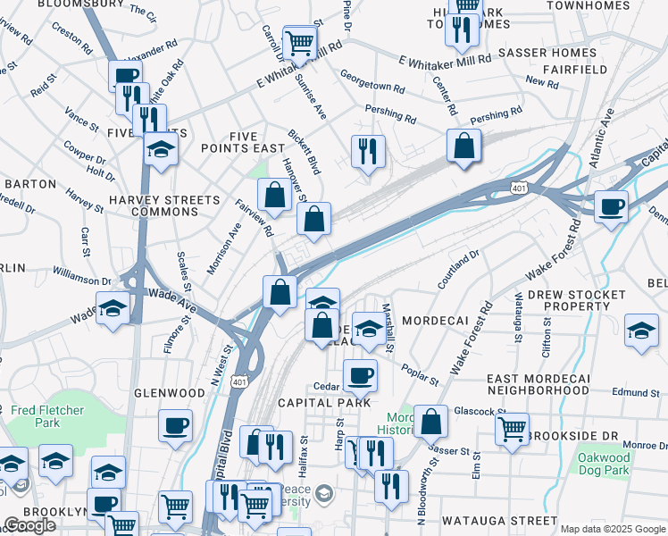 map of restaurants, bars, coffee shops, grocery stores, and more near 1318 Capital Boulevard in Raleigh