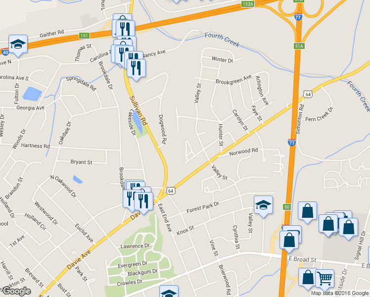 map of restaurants, bars, coffee shops, grocery stores, and more near 14 Brookgreen Place in Statesville