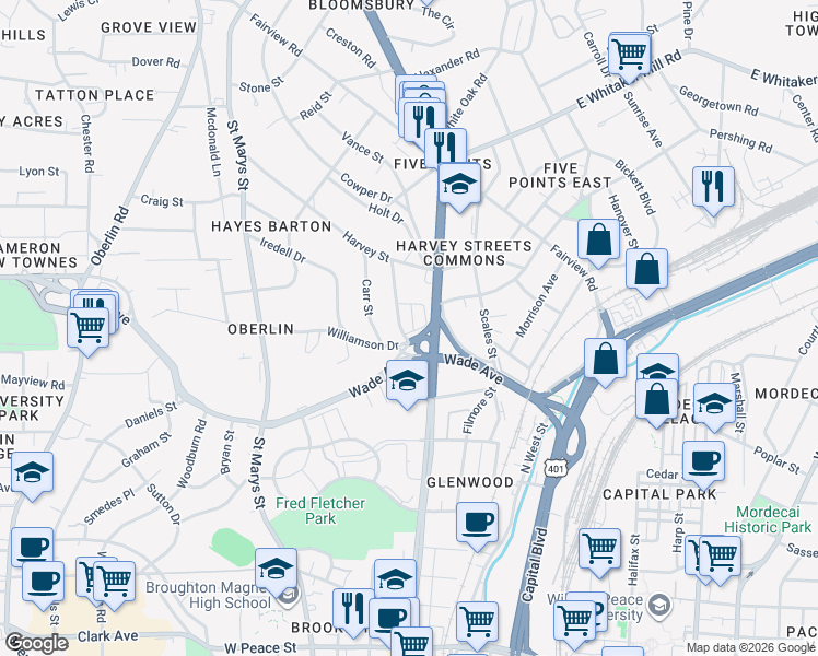 map of restaurants, bars, coffee shops, grocery stores, and more near 1511 Glenwood Avenue in Raleigh